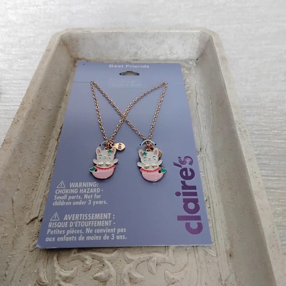 Claire's Pink Mermaid Cat Best Friends Necklace Set 16